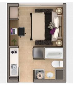 an overhead view of a bedroom and living room in a small apartment with the floor plan