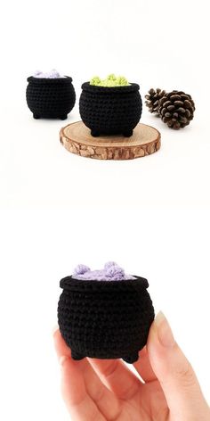 crocheted black bowl with purple and green balls in it sitting on a wood slice