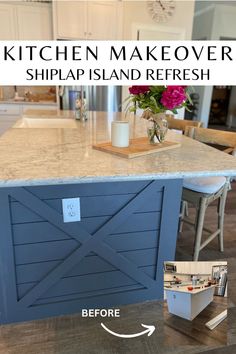 a kitchen island that has been painted blue and white with the words, kitchen makeover shiplap island refresh