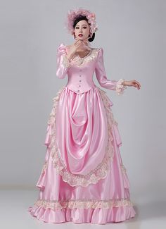 Women 19th Century Pink Lace Victorian Bustle Dress Color: Pink   Material: This dress made of High Quality Satin, soft,smooth and comfortable to wear  Sleeve Length:  Long Sleeve  Dresses Length:Floor Length  Neckline:  Square Collar  Decoration: Ruffles + Lace  Package Includes:  Dress + Hat   The length of skirt about 45 inches (114 cm) long from waist to hem regardless of size. This dress is pictured with a 6-hoop skirt Petticoat underneath to achieve the look. Petticoat are NOT INCLUDE Pink Vintage Victorian Dress For Fancy Dress, Luxury Fitted Pink Victorian Dress, Fitted Pink Victorian Dress With Ruffles, 1700s Dresses, Pink Victorian Ball Gown With Ruffles, Pink Victorian Dress With Ruffles, Masquerade Party Dresses, Gothic Victorian Dresses, Fuchsia Dress