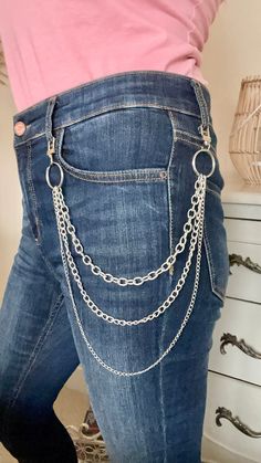 A fabulous multi way chain belt that can be worn in all different ways, add to jeans, trousers or skirt.  Or change the look of a bag.  Available in gold and silver.  One size.  40cm wide and 18 cm long.  Clasp to attach either side. Silver Trousers, Silver Chain Belt, Chain Jeans, Hipster Pants, Wallet Chains, Layer Chain, Chain Belts, Layered Chains, Big Rings