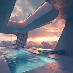 an indoor swimming pool with sky and clouds in the background at sunset or sunrise time