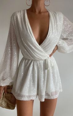 Jessen Playsuit - Tie Waist Balloon Sleeve Playsuit in White Sequin Bachelorette Party Dress For Bride White, White Romper Outfit Classy, White Romper Wedding, Bachelorette Outfits For Bride, Bachelorette Outfit For Bride, White Romper Outfit, Playsuit Outfit, Wedding Romper, Christmas Engagement Party