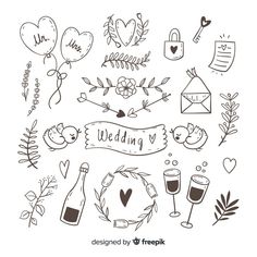 wedding doodles with hearts, flowers and other things to write on the back ground