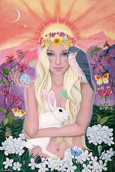 a painting of a woman holding a rabbit in her lap with flowers and butterflies around her