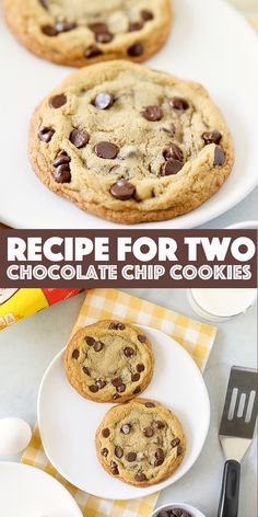 two chocolate chip cookies on plates with forks and utensils next to each other