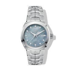 Tag Heuer Link Diamond Bezel & White Mother of Pearl Dial Watch Tag Heuer Women, Pearl Watch, Tag Heuer Watch, Blue Watches, Diamond Quartz, Wooden Watch, Blue Steel, Quartz Bracelet, Pearl Diamond