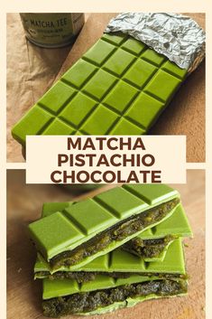 matcha pistachio chocolate bars stacked on top of each other with text overlay