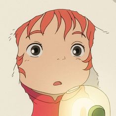 an anime character with red hair and big eyes holding a light bulb in his hand