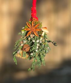 Lovely natural broom ornament for your tree or as a gift! Preserved greenery and juniper, anise seed, rustic bell, and realistic faux mushroom. Wrapped with recycled red sari silk. Total hanging length is nine inches, broom length is seven inches. Thank you for looking and sharing! Please follow us on TikTok, Instagram, and Facebook @allistairsattic Yule Ornaments, Fruit Christmas, Red Sari, Anise Seed, Brooms, Sari Silk, Christmas Stuff, Country Christmas, Yule