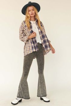 Colorblock plaid shirt. Collared neckline. Button-front closure with tortoise buttons. Long sleeves with buttoned cuffs. Buttoned chest pockets. Frayed, raw-edge detailing throughout. Curved shirttail hem. Loose fit. 100% Cotton. Imported. Designed in LA. Model wears size S. Fall Frayed Hem Button-up Tops, Fall Button-up Tops With Frayed Hem, Casual Plaid Shirt With Button Cuffs, Casual Plaid Tops With Button Cuffs, Plaid Button-up Shirt With Button Cuffs, Plaid Shirt With Button Cuffs For Fall, Fall Season Washed Button-up Shirt, Flannel Snap Button-up Tops, Fall Flannel Button-up Shirt With Button Cuffs