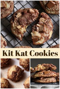 a collage of photos showing different kinds of cookies on a rack with the words kitkat cookies cut in half