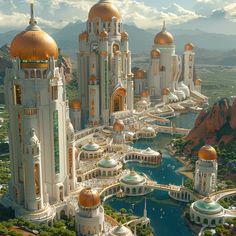 an artist's rendering of a futuristic city in the middle of mountains and water