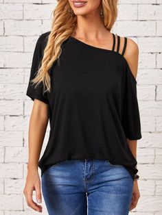 Asymmetrical Neck Cold Shoulder Tee Ethnic Outfits, Short Sleeve Pattern, Crop Top Outfits, Shoulder Shirts, Trendy Fashion Women, Women Tops, Black Casual, Summer Women, Women Clothes Sale