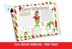 a printable christmas activity sheet with the grin's face on it and santa hat