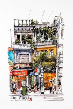 a watercolor drawing of a building with people walking down the street in front of it