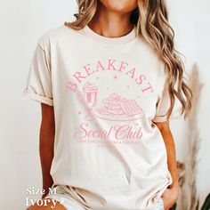 This Breakfast Social Club sweatshirt is perfect for those breakfast or brunch outings with the girls!  If you're looking for an oversized sweater look make sure to size up 1-3 sizes. Please see chart for reference Product Details  ❤Comfort Colors Brand ❤Unisex Adult Sizing ❤100% Cotton ❤DTG (Direct To Garment) printing, which means the ink is directly printed into the fabric ❤Relaxed fit Sizing and Colors   - Please refer to sizing and color charts in the images   - Runs true to size   - If you Waffles And Coffee, Aesthetic Tshirt, Girls Brunch, Coffee Tees, Club Sweatshirts, Club T Shirt, Trendy Aesthetic, Club Shirts, Color Charts