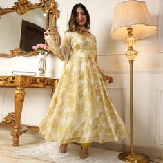 Light Yellow colored anarkali suit is prettified with floral printed work as shown which makes it appear classy. This top is made of georgette fabric which is accompanied with crepe bottom, inner and printed georgette dupatta. Women can buy this suit to wear for their parties and functions. Note:- The actual product may differ slightly in color and design from the one illustrated in the images when compared with computer or mobile screen. Size Chart Size: Semi Stitched/Unstitched can be altered Georgette Anarkali Suits, Georgette Anarkali, Georgette Dupatta, Mobile Screen, Anarkali Suit, Georgette Fabric, Screen Size, Yellow Floral, Light Yellow