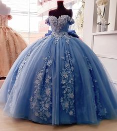 Dusty Blue Quinceanera Dress 3D Floral Applique Off Shoulder Sweet 16 With Bow.  "This pin contains affiliate links, which means I may earn a commission at no cost to you extra for you". 
 #affiliate #advertising" Dusty Blue Quinceanera, Quinceanera Dresses Light Blue, Cinderella Quinceanera Dress, Cinderella Quince, Blue Quinceanera Dress, Quince Planning, Quince Stuff, Quinceanera Themes Dresses, Off Shoulder Ball Gown