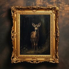 an oil painting of a deer in a gold frame on a brown wall with dark background