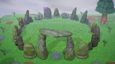 Acnh Villager Yard Size, Animal Crossing Stonehenge, Street Lamp Banner Codes Acnh, Cool Animal Crossing Designs, Acnh Stonehenge Ideas, Acnh Stonehenge, Acnh Fossil Display, Acnh Swinging Bench Ideas, Acnh Cliff Decoration