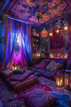 a bed room with lots of pillows and lights