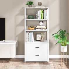 a living room with a white bookcase and a tv on top of a stand