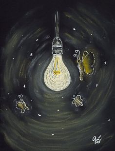 a painting of a light bulb with butterflies around it on a black background that has white and yellow colors