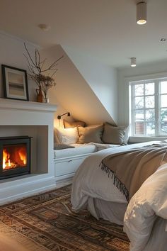 Bedroom Ideas Fireplace, Small Fireplace In Bedroom, Small Bedroom With Tv Ideas, Bedroom With Chimney Wall, Cozy Apartment Decor Bedroom, Electric Fireplace In Bedroom, Small Corner Fireplace, Bedroom With Fireplace Ideas, Bedroom Fireplace Wall