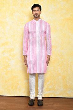 Pink georgette kurta with mirror and thread embroidery. Comes with cream silk churidar. - Aza Fashions Traditional Fitted Sherwani In Georgette, Traditional Fitted Georgette Sherwani, White Cotton Silk Churidar With Chikankari Embroidery, White Semi-stitched Sherwani With Mirror Work, White Chanderi Sherwani With Mirror Work, White Cotton Silk Kurta With Mirror Work, White Kurta With Mirror Work For Diwali, White Mirror Work Kurta For Diwali, White Churidar With Mirror Work