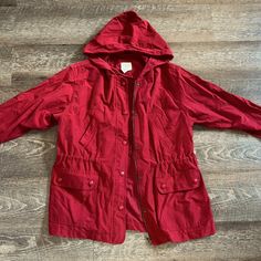 Never Worn! Heavy Duty Rain Jacket, Runs A Little Large. Red Parka With Pockets For Fall, Red Hooded Outerwear With Pockets, Red Hooded Outerwear For Fall, Red Hooded Cotton Outerwear, Casual Red Outerwear For Outdoor, Red Long Sleeve Windbreaker For Cold Weather, Red Cotton Outerwear For Fall, Casual Red Cotton Outerwear, Casual Red Outerwear For Cold Weather