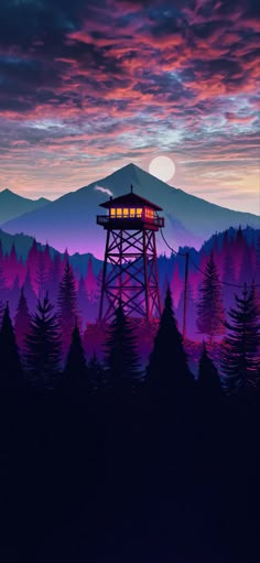 a tall tower sitting in the middle of a forest under a purple and blue sky