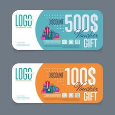 two gift vouchers with the words discount and 50 dollars on them in blue, orange