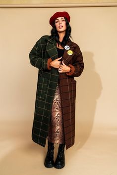 Libra Longline Half + Half Coat in Pine + Brown Satin Playsuit, Fringe Coats, 2024 Design, Half And Half, Blazer Set, Flannel Jacket, Plaid Coat, Sweater Collection, Notched Collar