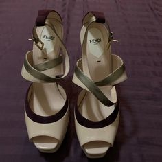 With Dust Bag. Designer Brown Patent Leather Heels, Designer Beige Calf Leather Heels, Designer Beige Heels With Contrasting Heel Counter, Fendi Shoes, Shoes Women, Women's Shoes Sandals, Black And Brown, Shoes Sandals, Fendi