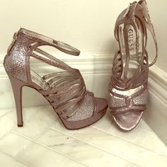 Dressy Pewter Platform Sandal With Back Zipper; 5” Heel With 1” Platform; Nwot Guess Shoes, Platform Sandals, Snake Skin, Women Shoes, Sandals, Zipper, Heels, Silver, Women Shopping