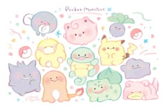 a bunch of cute little cartoon animals on a white background with the words pocket monsters