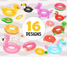 various inflatable toys with the number 16 on them and an oval sign that says,