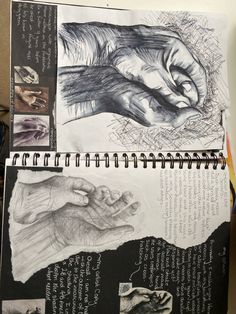 an open book with drawings and writing on the pages, depicting hands holding each other