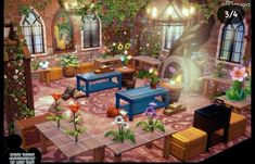 an animated image of a living room with furniture and flowers in the center, surrounded by greenery