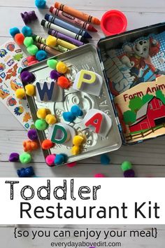 the toddler restaurant kit is filled with toys and letters for children to play in