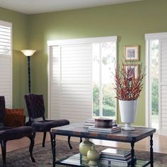 a living room filled with furniture and windows covered in white shuttered glass shades on green walls