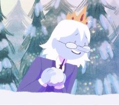 an animated character with a crown on his head in front of some snow covered trees