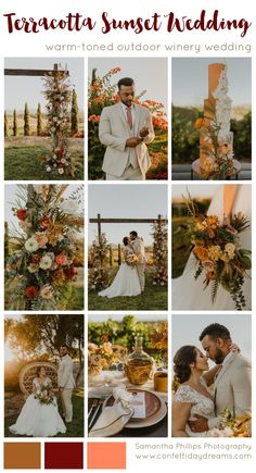 a collage of different wedding photos with text that reads terracotta sunset wedding warm - toned outdoor winery wedding