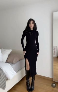 Click “visit” for Amzn affl link to Black long sleeve dress Black Dress Long Boots, Black Midi Dress And Boots, Sultry Fall Outfits, Dark Feminine Classy Outfits, Femme Fatale Fall Outfit, Fall Knit Dress, Knee High Boot Dress Outfit, Feminine Style 2023, Long Boots Outfit Aesthetic