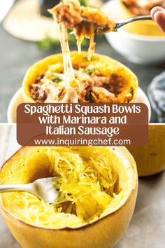 spaghetti squash bowls with marinara and italian sausage are the perfect side dish for any meal