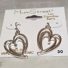 Nwot Heart Dangle Earrings. Never Worn. Nickel Free And Hypoallergenic. Good For Sensitive Ears. Offers Welcome! Trendy Double Heart Hypoallergenic Earrings, Trendy Hypoallergenic Double Heart Earrings, Hypoallergenic Heart Drop Earrings For Mother's Day, Street Jewelry, Heart Dangle Earrings, Earrings Color, Sensitive Ears, Main Street, Dangle Earrings