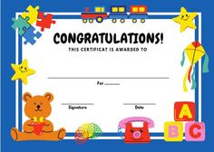 a certificate for congratulations with toys and letters on the front, including a teddy bear