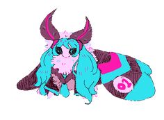 a drawing of a blue and pink animal with horns