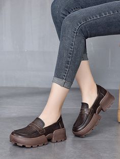 Sku CY-!90285 Material Cow Leather , Rubber Feature Solid Color Occasion Going out , Casual , Vacation , Simple , Vintage Seasons Autumn Type Loafers Heels Height Mid (3cm-5cm) Color BLACK,BROWN,GRAY Size 35,36,37,38,39,40 Please consult the size chart we provide for this item's measurements to help you decide which size to buy.Please note: There may be 1-3cm differ due to manual measurement. Brown Casual Closed Toe Platform Loafers, Casual Brown Closed Toe Platform Loafers, Casual Low-top Platform Loafers With Leather Footbed, Casual Brown Platform Loafers With Flat Heel, Casual Slip-on Platform Loafers With Pointed Toe, Casual Brown Platform Loafers With Leather Footbed, Casual Brown Platform Loafers With Rubber Sole, Casual Fall Platform Slip-on Loafers, Casual Slip-on Platform Loafers For Fall